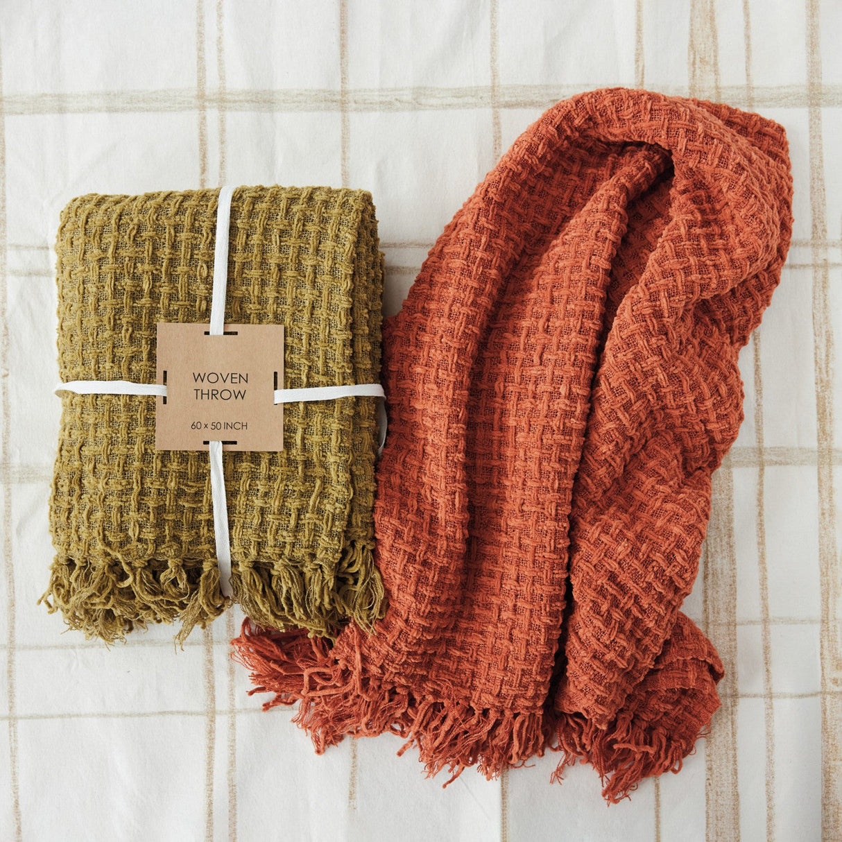 Rust Woven Fabric Chenille Waffle Weave Throw