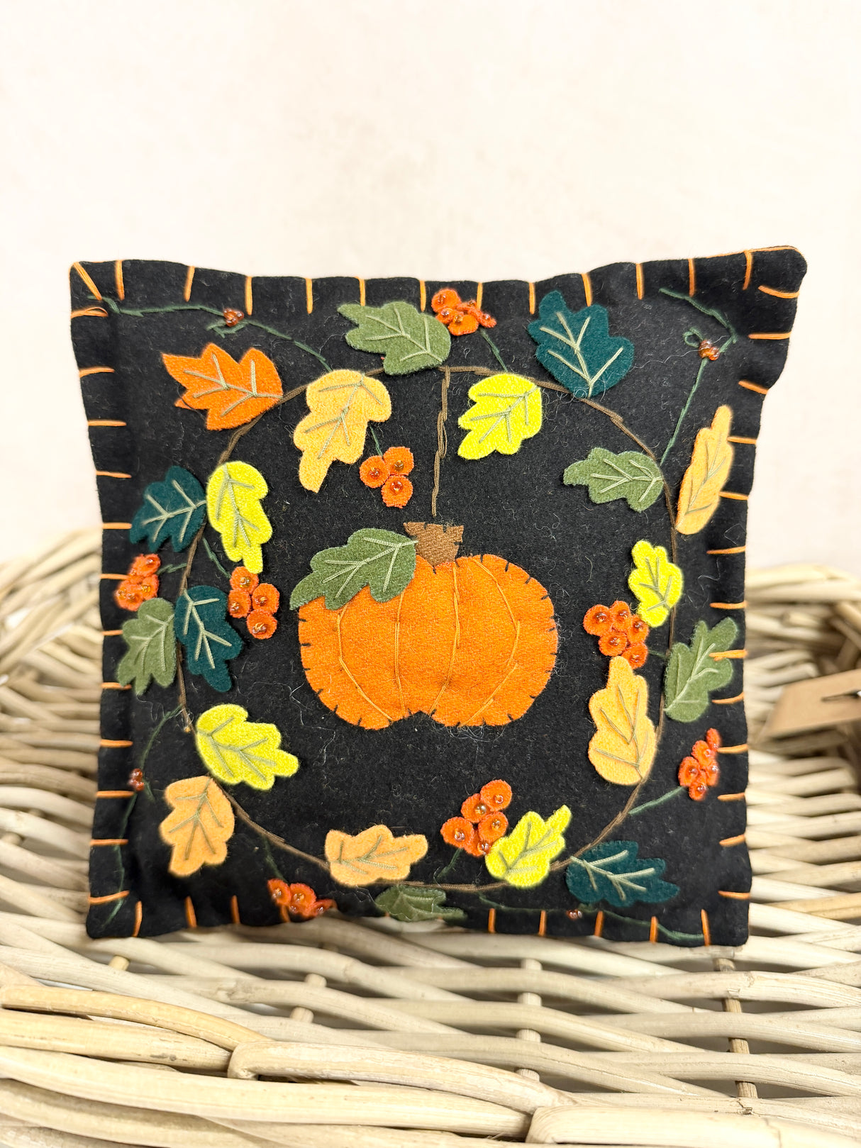 Handmade 8x8 Black Pumpkin & Leaves Pillow