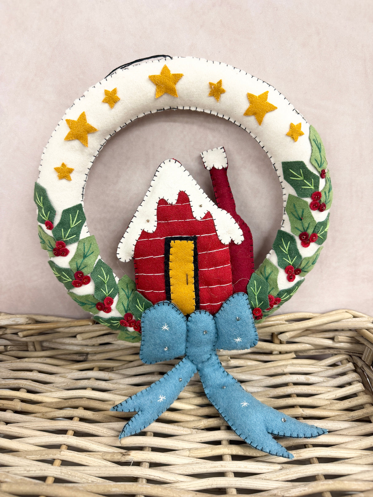 Handmade White Wreath & Red House Ornament