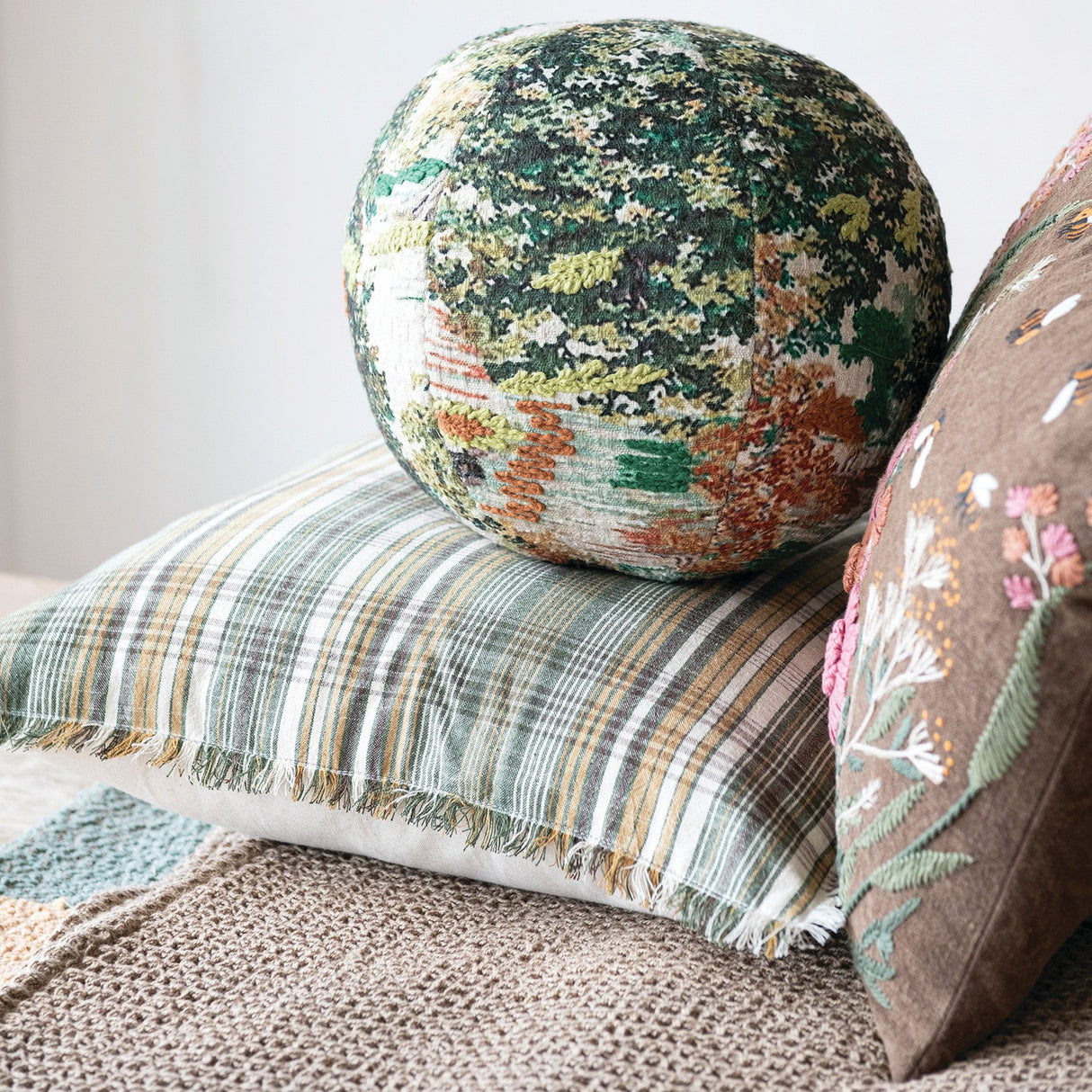 Hand-Embroidered Cotton Slub Lumbar Pillow