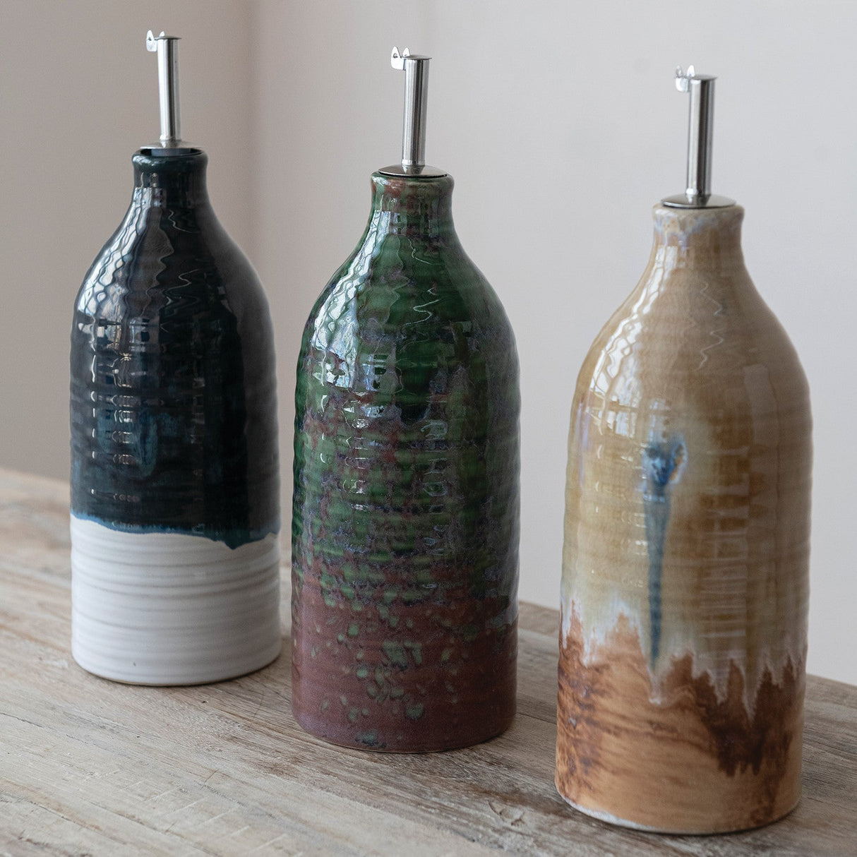Stoneware Oil Cruet with Spout - 3 Colors