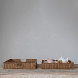 Hand-Woven Rattan Trays with Handles - 2 Sizes