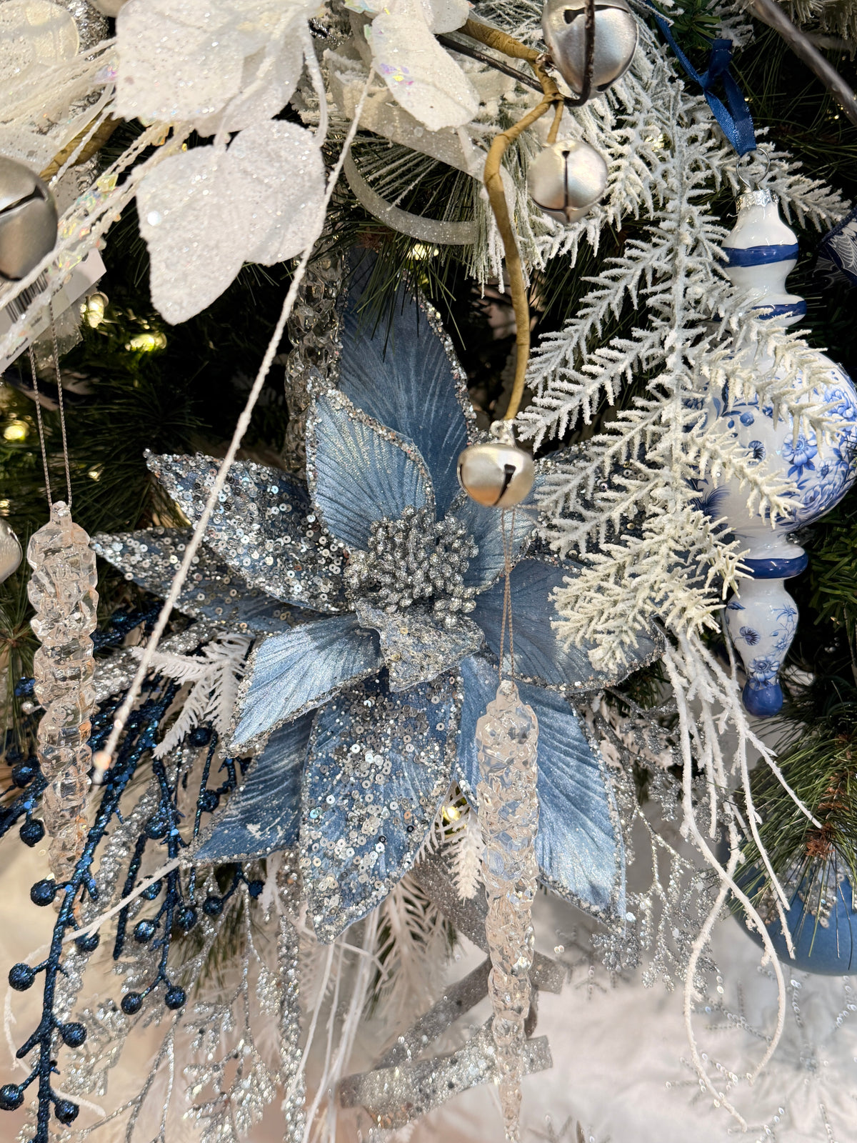Silver Blue Glitter Sequin Velvet Poinsettia Stem