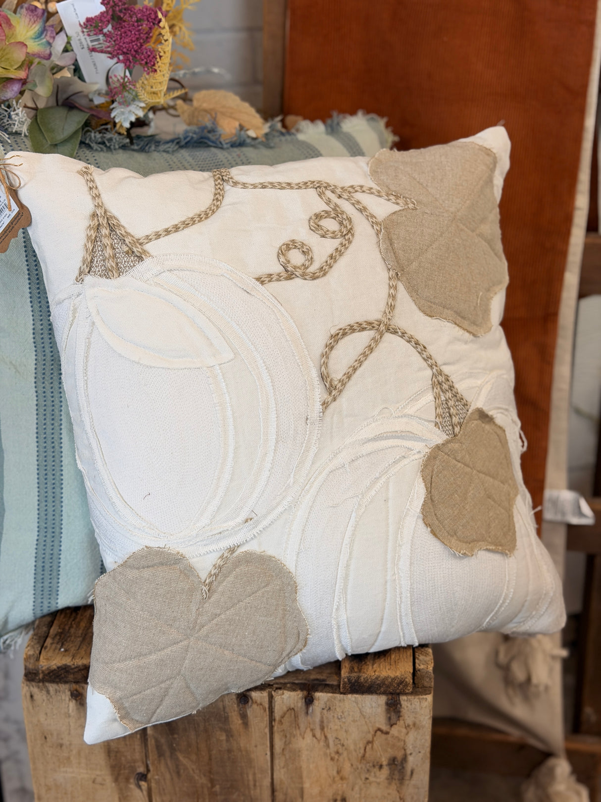 Square White Pumpkin Applique Pillow