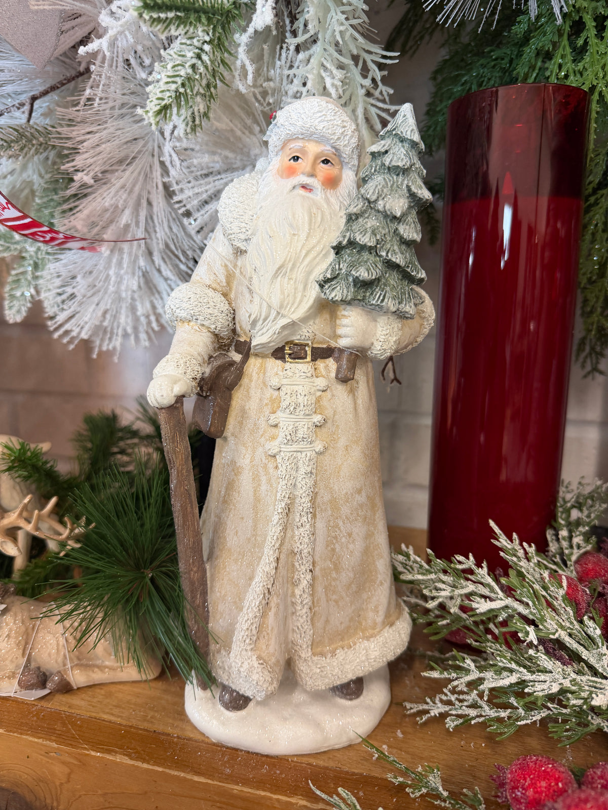 Vintage Resin Santa with Cane and Tree