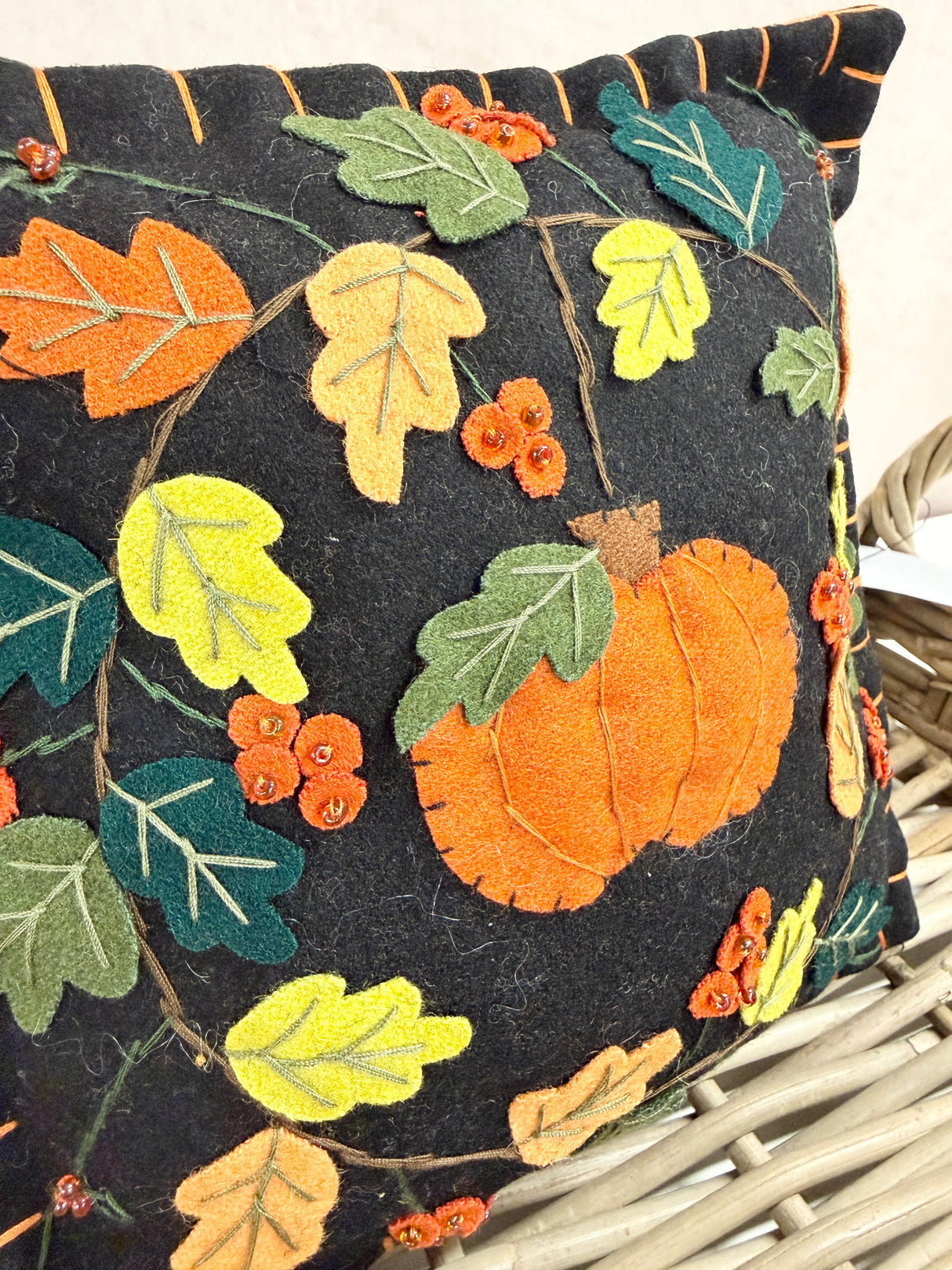Handmade 8x8 Black Pumpkin & Leaves Pillow