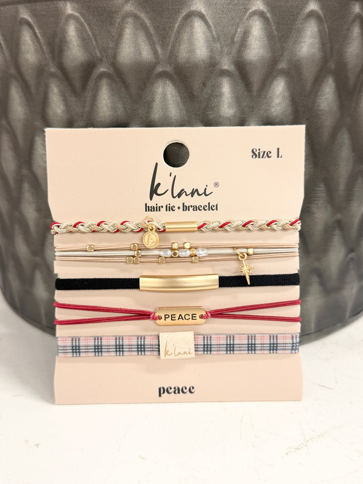 Peace Red & Cream Plaid Hair Tie Bracelet Set