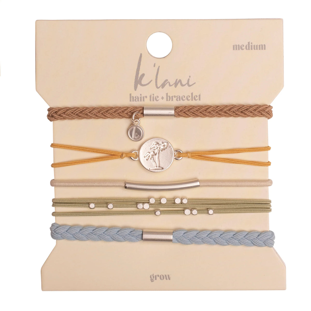Grow Earthy Toned Silver Palm Tree Charm Hair Tie Bracelet Set