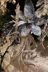 Silver Blue Glitter Sequin Velvet Poinsettia Stem