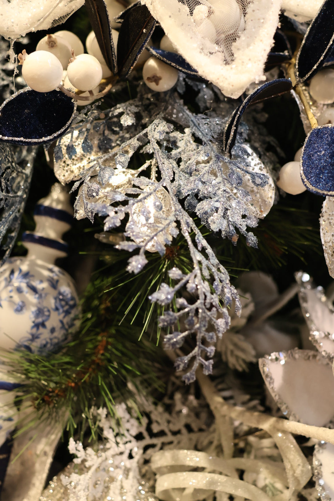 Blue Silver Glittered Maidenhair Bendy Spray