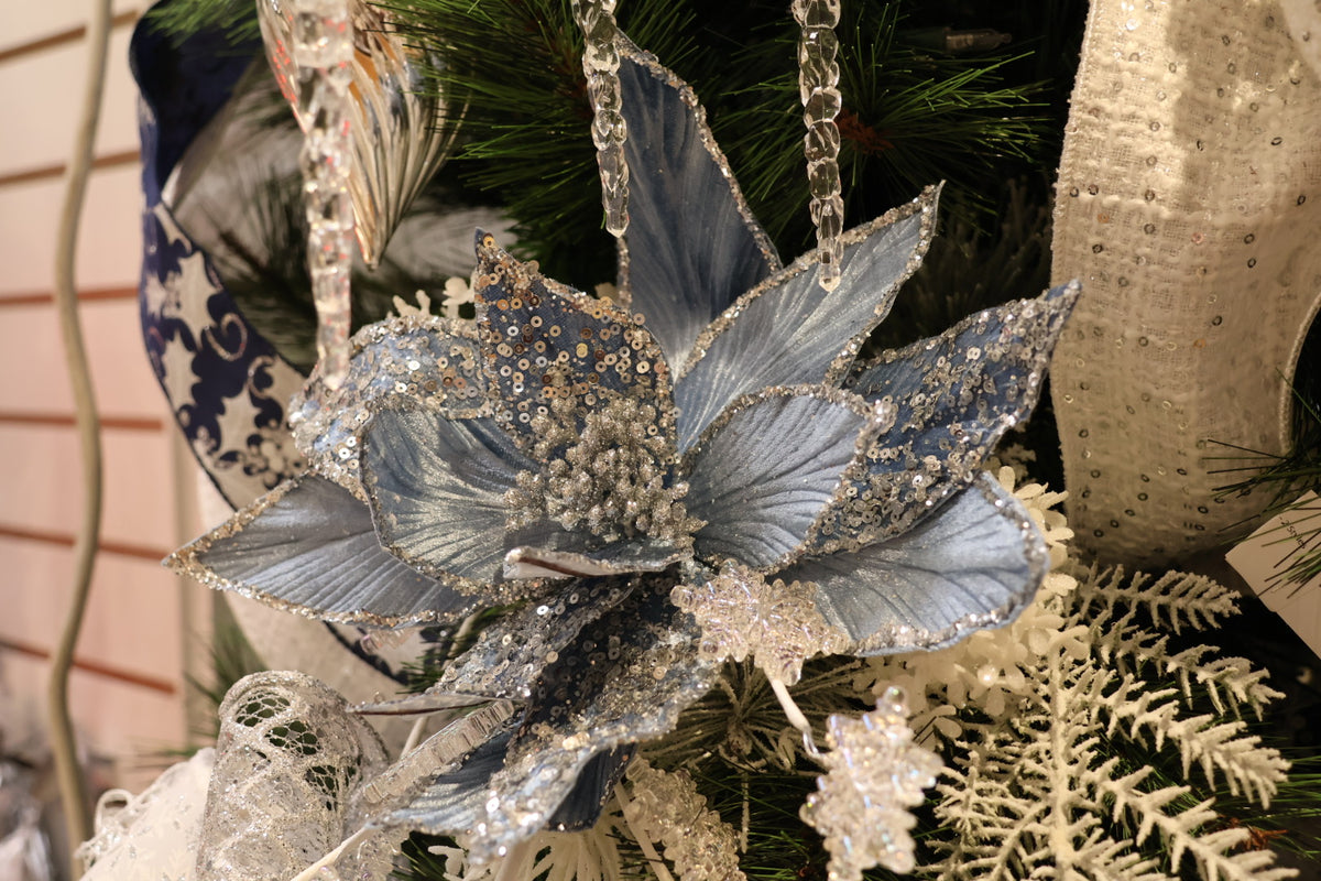 Silver Blue Glitter Sequin Velvet Poinsettia Stem