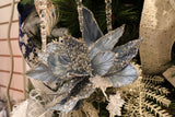 Silver Blue Glitter Sequin Velvet Poinsettia Stem