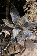 Silver Blue Glitter Sequin Velvet Poinsettia Stem