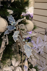 Silver Blue Glitter Sequin Holly Spray