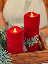 8" Red LED Flocked Pillar Candle for Christmas home decor from Magnolias Home Decor