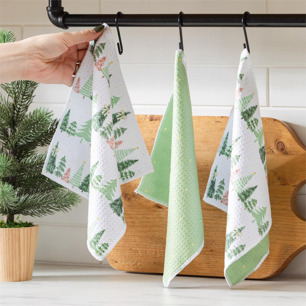 shades of emerald trees dish towel for farmhouse christmas home decor from Magnolias Home Decor