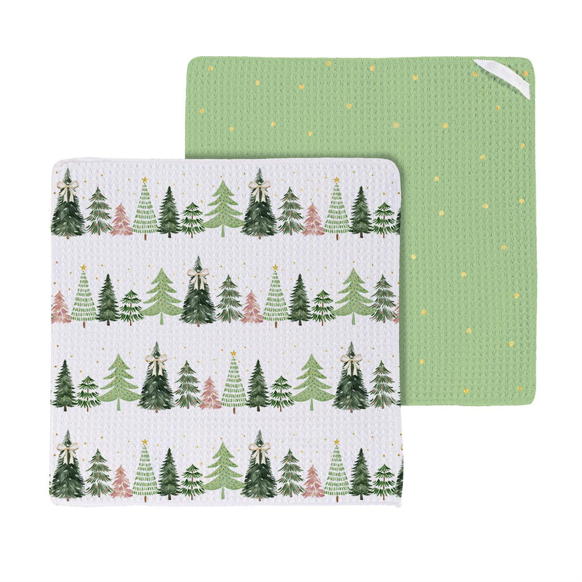 Shades of Emerald Trees Dish Towel styled for christmas home decor from Magnolias Home Decor