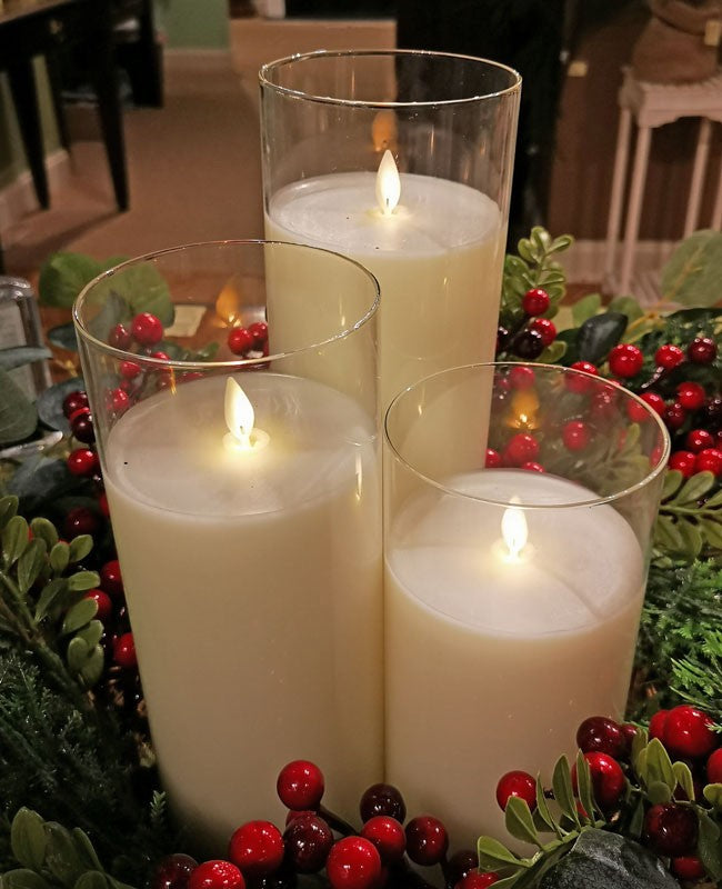 Tall Cream Moving LED Glass Candle Set