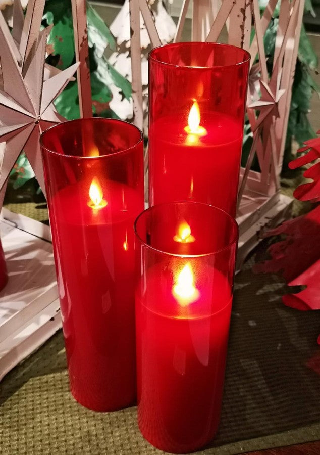 Tall Red Moving LED Glass Candle Set