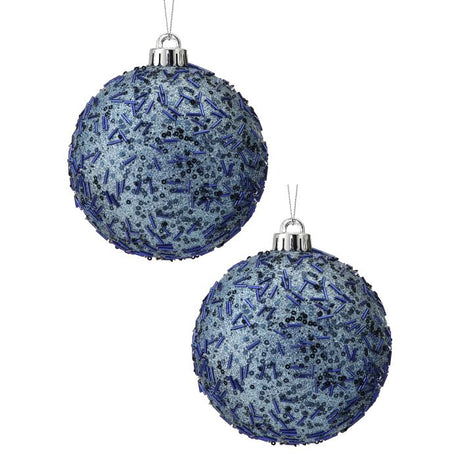 Midnight Blue Beaded Glitter Ball Ornament Set of 2