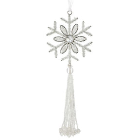 9" Silver Beaded Snowflake Ornament with Tassel