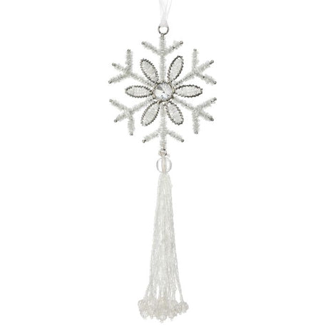 9" Silver Beaded Snowflake Ornament with Tassel
