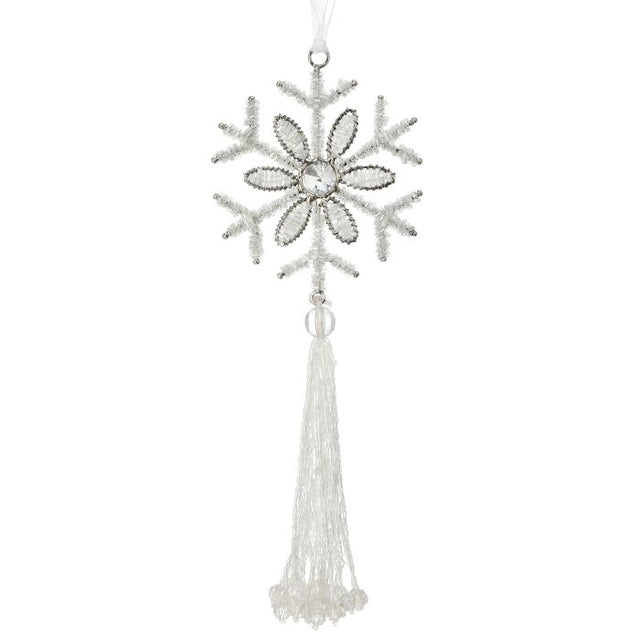 9" Silver Beaded Snowflake Ornament with Tassel