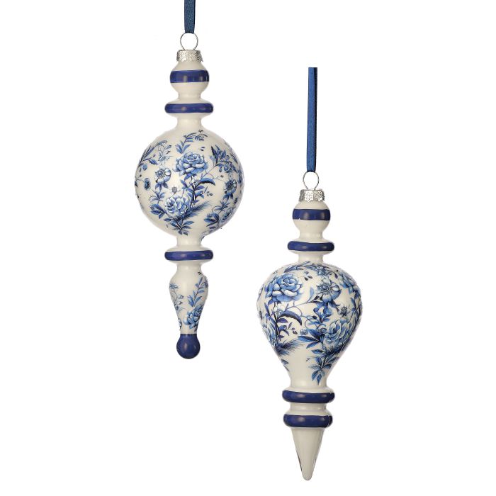 8" Glass Floral Print Finial Ornament