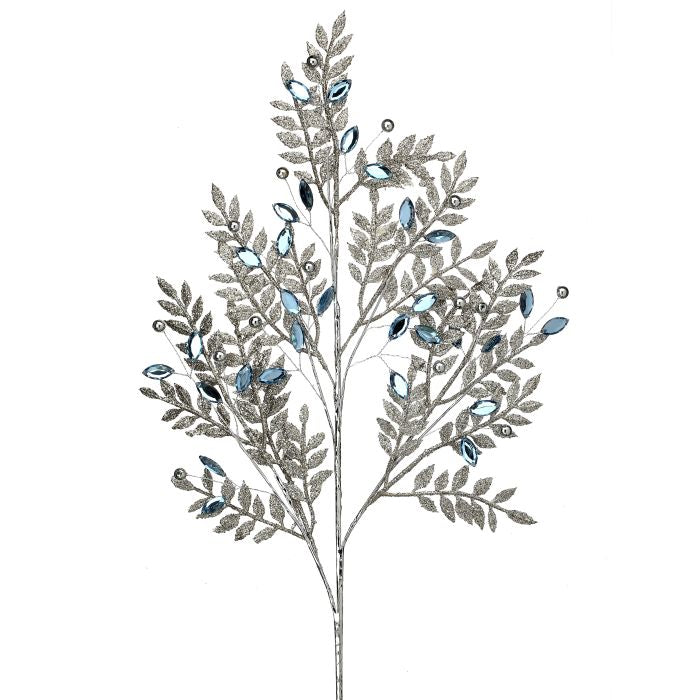30" Silver Blue Jewel Leaf Spray