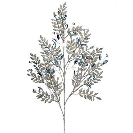 30" Silver Blue Jewel Leaf Spray