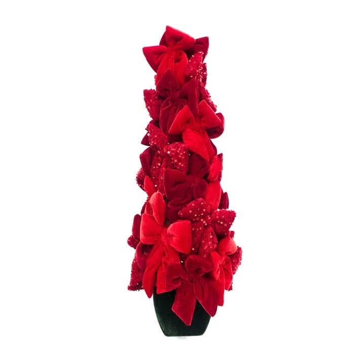 28" Red Velvet Sequin Bow Potted Cone Topiary