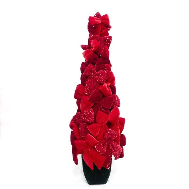 40" Red Velvet Sequin Bow Potted Cone Topiary