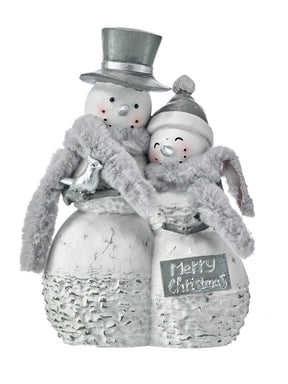 10" Resin Winter Snowman Couple with Fur Scarf