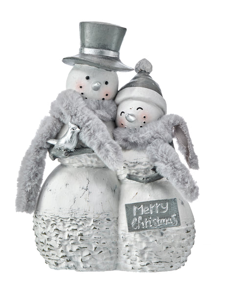 10" Resin Winter Snowman Couple with Fur Scarf