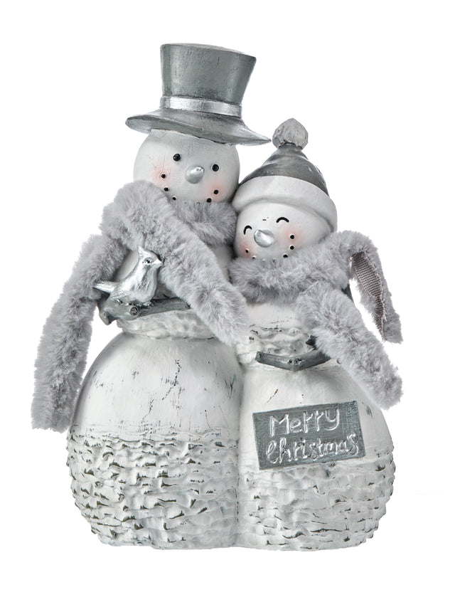 10" Resin Winter Snowman Couple with Fur Scarf