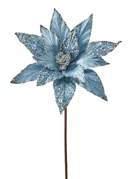 21" Silver Blue Glitter Sequin Velvet Poinsettia Stem