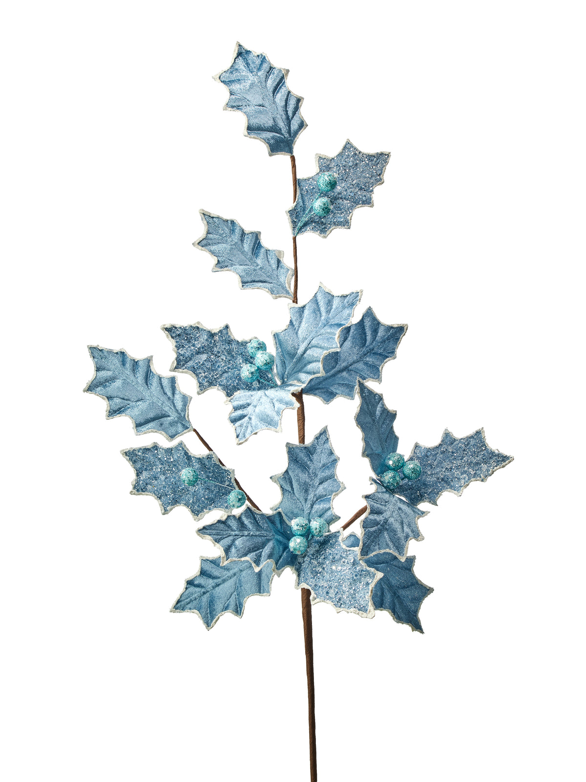30" Silver Blue Glitter Sequin Holly Spray