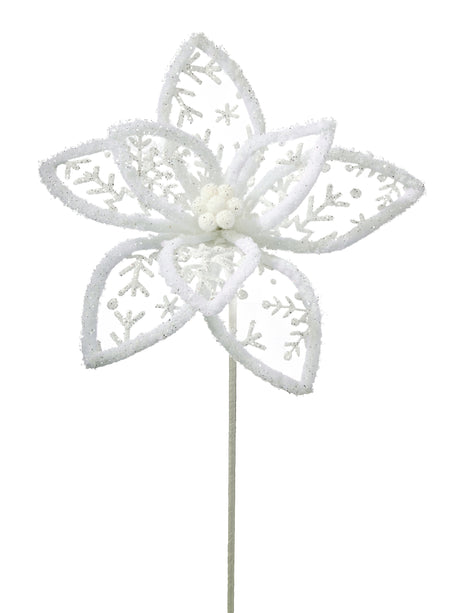 21" White Snowflake Poinsettia Stem