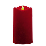 Close-up of 6" red led flocked pillar candle detail from Magnolias Home Decor