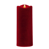 Close-up of 8" red led flocked pillar candle detail from Magnolias Home Decor