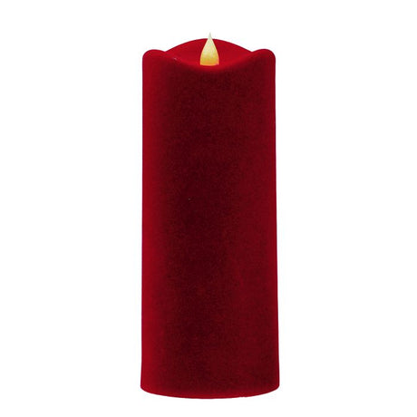 Close-up of 8" red led flocked pillar candle detail from Magnolias Home Decor