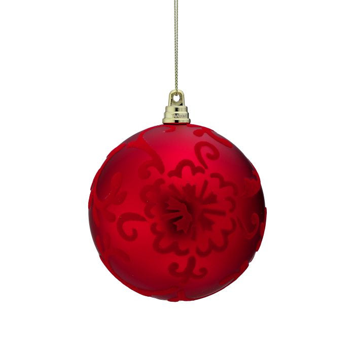 4" Red Flocked Scroll Ball Ornament
