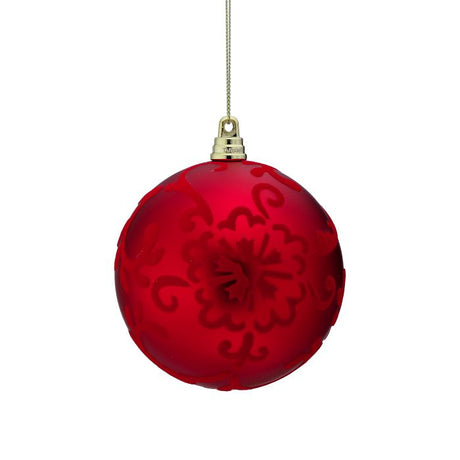 4" Red Flocked Scroll Ball Ornament