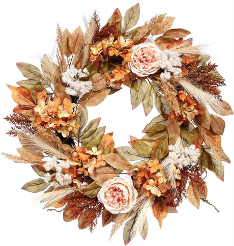 24" mixed leaf flower & grass wreath for farmhouse Fall home decor from Magnolias Home Decor