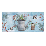 Close-up of snowbirds chickadee watering can sassafras switch mat detail from Magnolias Home Decor