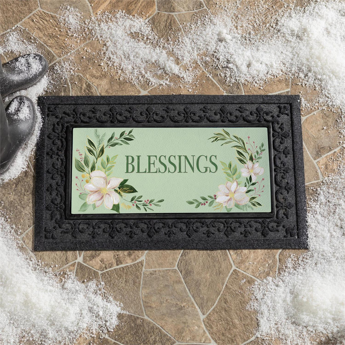 Shades of Emerald Sassafras Switch Mat styled for christmas home decor from Magnolias Home Decor