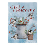 Close-up of snowbirds chickadee watering can suede garden flag detail from Magnolias Home Decor