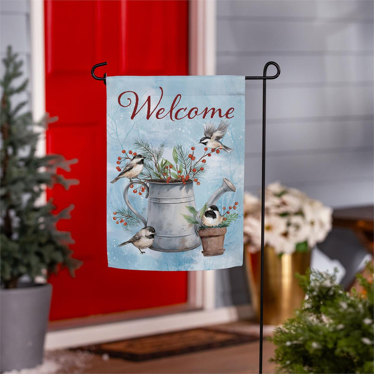snowbirds chickadee watering can suede garden flag, outdoor safe, for farmhouse christmas home decor from Magnolias Home Decor