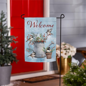 snowbirds chickadee watering can suede garden flag, outdoor safe, for farmhouse christmas home decor from Magnolias Home Decor