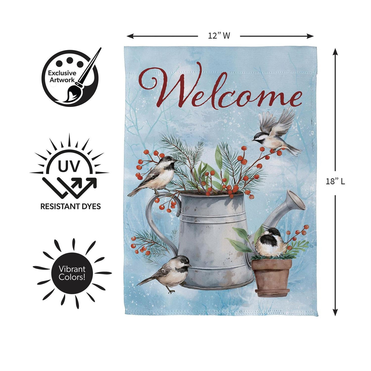 Snowbirds Chickadee Watering Can Suede Garden Flag styled for christmas home decor from Magnolias Home Decor